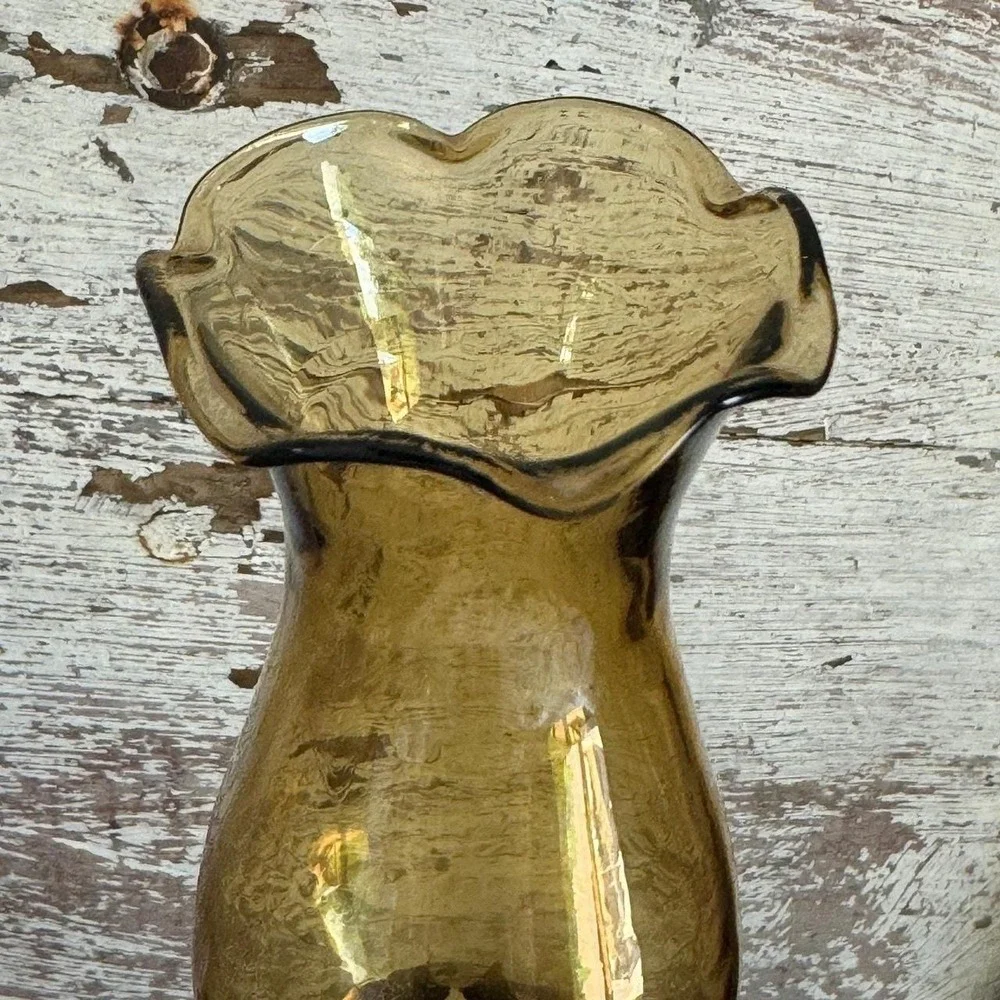 Vintage Amber Glass Miniature Oil Lamp‎ Ruffled Chimney Hobnail Base 9.5 Inch